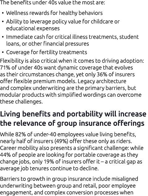 The benefits under 40s value the most are: • Wellness rewards for healthy behaviors • Ability to leverage policy valu...