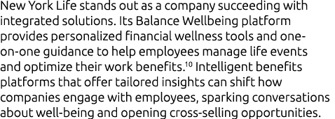 New York Life stands out as a company succeeding with integrated solutions. Its Balance Wellbeing platform provides p...